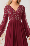 Elegant Burgundy A Line V-Neck Mother Of Bride Dress With Lace Appliques