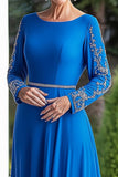 Sparkly Royal Blue A-Line Beaded Long Sleeves Mother of the Bride Dress