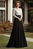 Champagne Black A Line V Neck 3/4 Sleeves Lace Long Mother Dress