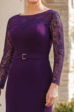 Lace 3/4 Sleeves Purple Sheath Length Belt Mother of the Bride Dress with Slit