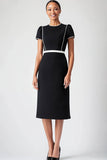 Black Crew Neck Cap Sleeves Belt Midi Length Mother Dress