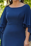 Navy Mermaid Ruffle Flowy 3/4 Sleeves Chiffon Long Mother of the Bride Dress