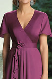 Purple Mermaid Wrap Short Sleeves V Neck Ruffles Chiffon Long Mother of the Bride Dress