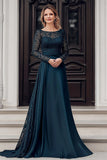 Elegant Navy Scoop A Line Satin Lace Mother of the Bride Dress with Long Sleeves