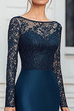 Mermaid Satin Lace Navy Mother of the Bride Dress with Long Sleeves