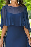 Navy Chiffon Sheath Long Mother of the Bride Dress with Cape