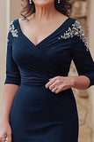 Navy Mermaid V-neck Satin Half Sleeves Long Mother of the Bride Dress with Slit