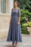 Elegant Dusty Blue Lace Mother of Bride Dress with Half Sleeves