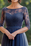 Elegant Navy Lace A Line Mother of The Bride Dress with 3/4 Sleeves