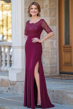 Graceful Burgundy Lace Appliques Mother Of Bride Dress With Slit