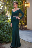 Elegant Dark Green V Neck Long Sleeve Mother Of Bride Dress With Beading