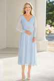 Sky Blue Lace Chiffon A Line V Neck Midi Length Mother of the Bride Dress with Belted