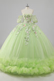 Princess Lemon Green Tulle Ball Gown Long Quinceanera Dress with Appliques