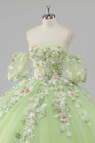 Princess Lemon Green Tulle Ball Gown Long Quinceanera Dress with Appliques