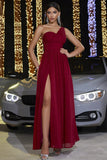 Burgundy A-Line One Shoulder Ruched Long Prom Dress with Slit