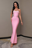 Sparkly Pink Mermaid Strapless Beaded Corset Long Prom Dress