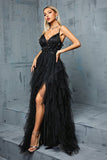 Black A-Line Spaghetti Straps Flowers Ruffles Tulle Long Prom Dress with Slit