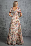 Light Khaki Floral Printed A-Line V-neck Long Prom Dress