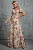 Light Khaki Floral Printed A-Line V-neck Long Prom Dress