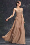 Simple Khaki A-Line Strapless Chiffon Long Prom Dress