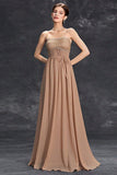 Simple Khaki A-Line Strapless Chiffon Long Prom Dress