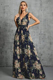 Navy V Neck A Line Printed Flower Chiffon Formal Dress