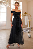 Black Mermaid Off The Shoulder Sequin Long Prom Dress With Tulle