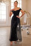 Black Mermaid Off The Shoulder Sequin Long Prom Dress With Tulle