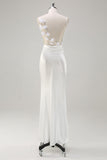 White Satin Cowl Neck Backless Ball Dress