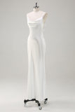 White Satin Cowl Neck Backless Ball Dress