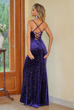 Plum Spaghetti Straps Mermaid Velvet Long Corset Formal Dress