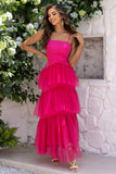 Fuchsia Spaghetti Straps A-Line Tulle Tiered Long Corset Formal Dress