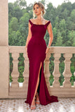 Burgundy Mermaid Off the Shoulder Lace-Up Long Formal Dress with Slit