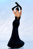 Black Strapless Sparkly Bows Velvet Long Formal Dress With High Slit (Not Gloves)