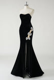 Black Strapless Velvet Sparkly Bows Long Formal Dress With High Slit (Not Gloves)