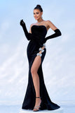 Black Strapless Sparkly Bows Velvet Long Formal Dress With High Slit (Not Gloves)