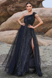 Sparkly Black A-Line One Shoulder Sequined Tulle Long Prom Dress with Slit