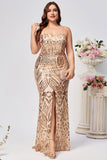 Sparkly Plus Size Golden Mermaid Sequin Embroidered Long Ball Dress with Split