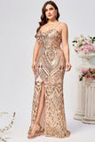 Sparkly Plus Size Golden Mermaid Sequin Embroidered Long Ball Dress with Split