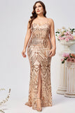 Sparkly Plus Size Golden Mermaid Sequin Embroidered Long Ball Dress with Split