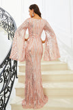 Sparkly Pink Mermaid V Neck Long Sleeves Sequin Long Ball Dress