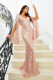 Sparkly Pink Mermaid V Neck Long Sleeves Sequin Long Ball Dress