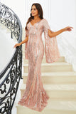 Sparkly Pink Mermaid V Neck Long Sleeves Sequin Long Ball Dress