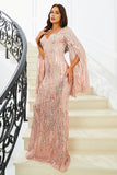 Sparkly Pink Mermaid V Neck Long Sleeves Sequin Long Ball Dress