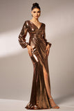 Metallic Brown Mermaid Long Sleeves Long Ball Dress with Slit