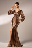 Metallic Brown Mermaid Long Sleeves Long Ball Dress with Slit