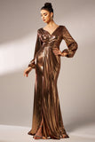 Metallic Brown Mermaid Long Sleeves Long Ball Dress with Slit