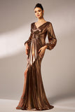 Metallic Brown Mermaid Long Sleeves Long Ball Dress with Slit