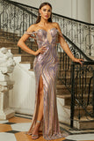 Sparkly Champagne Off the Shoulder Mermaid Sequins Long Ball Dress with Slit