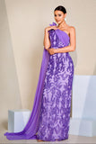 Sparkly Purple One Shoulder Mermaid Sequins Long Ball Dress with Cape